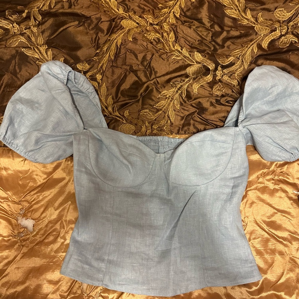 Reformation Light Blue Puff Sleeve Blouse